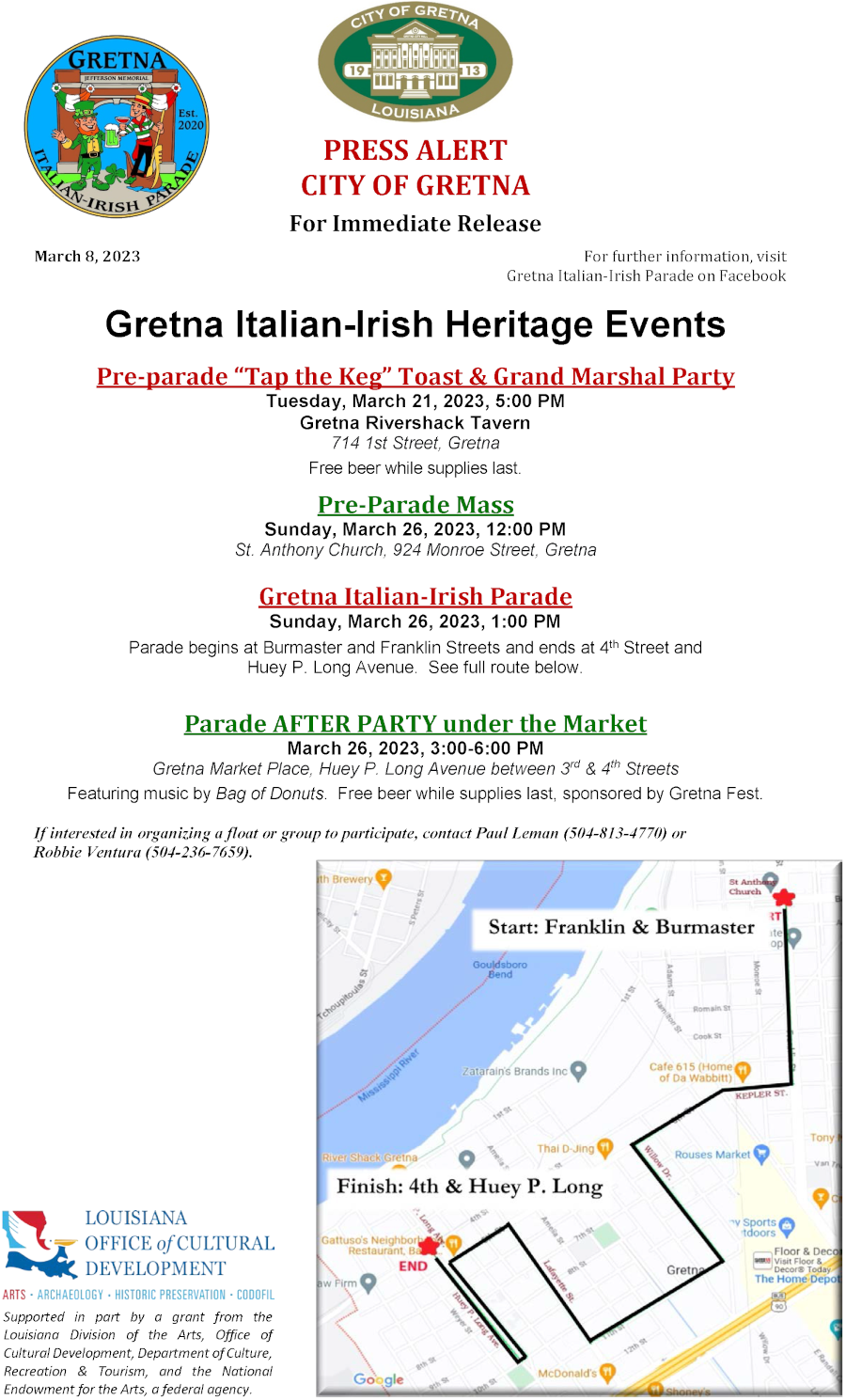 Gretna ItalianIrish Parade and Heritage Events March 2126, 2023