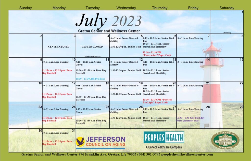 Gretna Senior Center Events Calendar July 2023 City Of Gretna