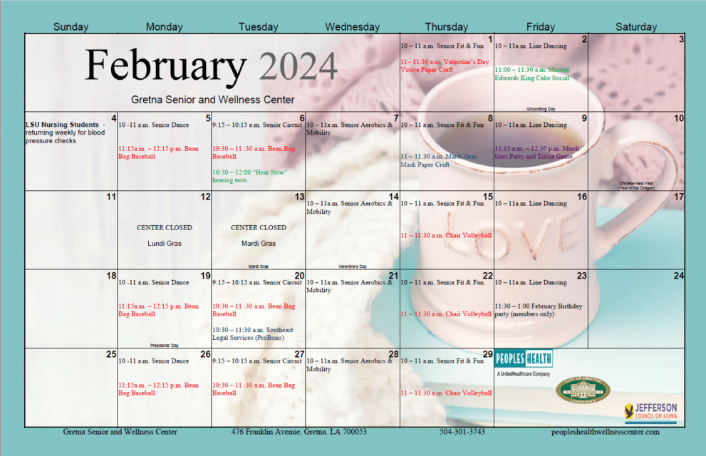 Senior Center Calendar for February 2024 City Of Gretna City Of Gretna