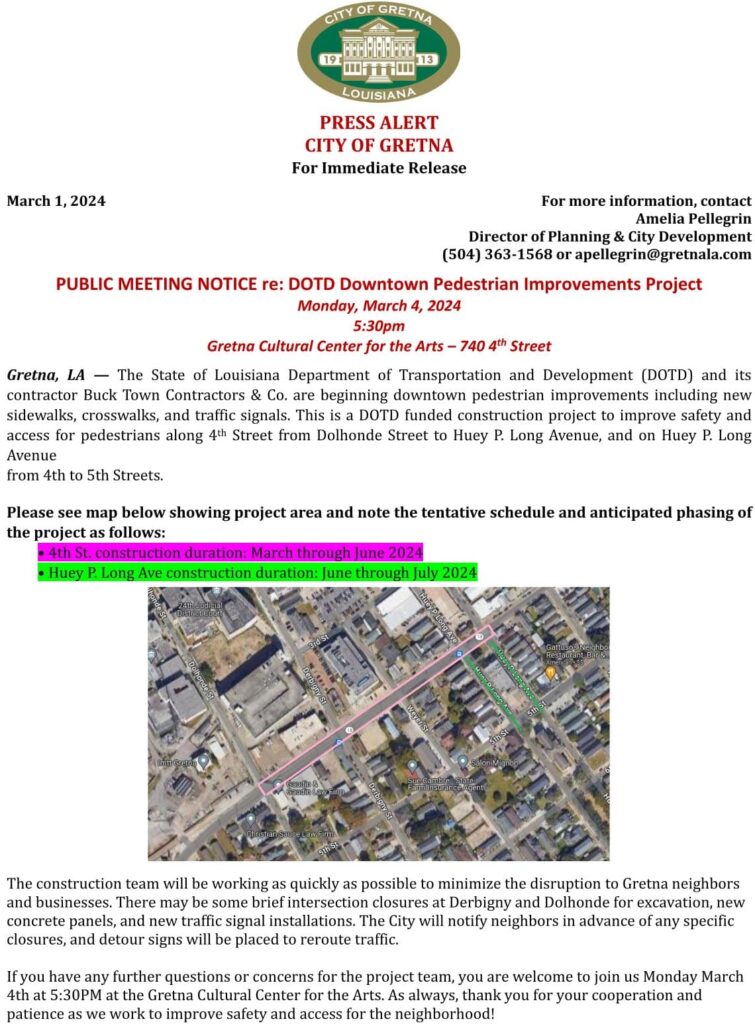 PUBLIC MEETING NOTICE re: DOTD Downtown Pedestrian Improvements Project ...