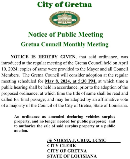 Ordinance Adoption Notice- May 8, 2024 - City Of Gretna - City Of Gretna