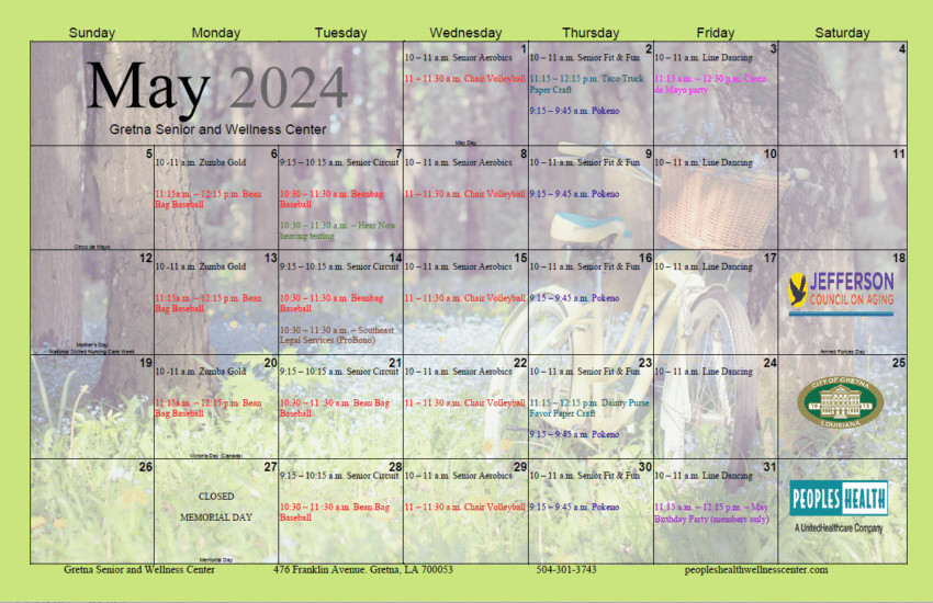 Senior Center Activities Calendar May 2024 - City Of Gretna - City Of ...