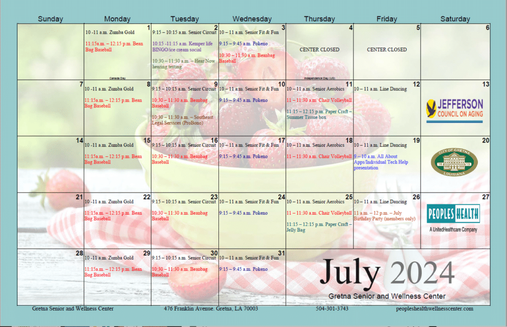 Gretna Senior Center Calendar for July 2024 - City Of Gretna - City Of ...